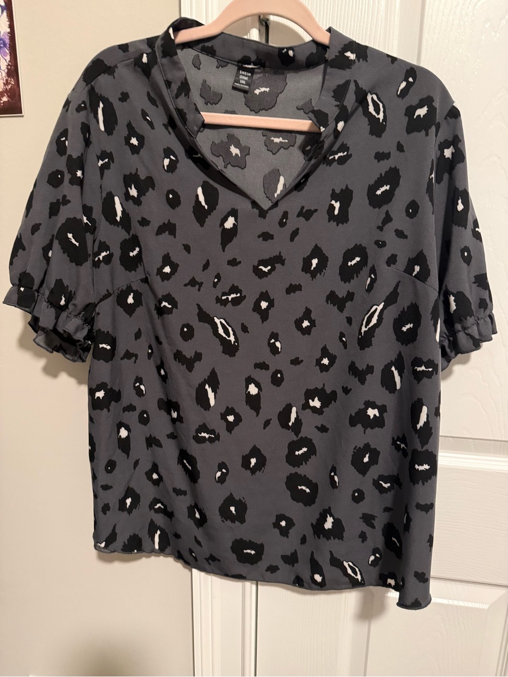 SHEIN Gray Leopard V-Neck Flutter Sleeve Blouse